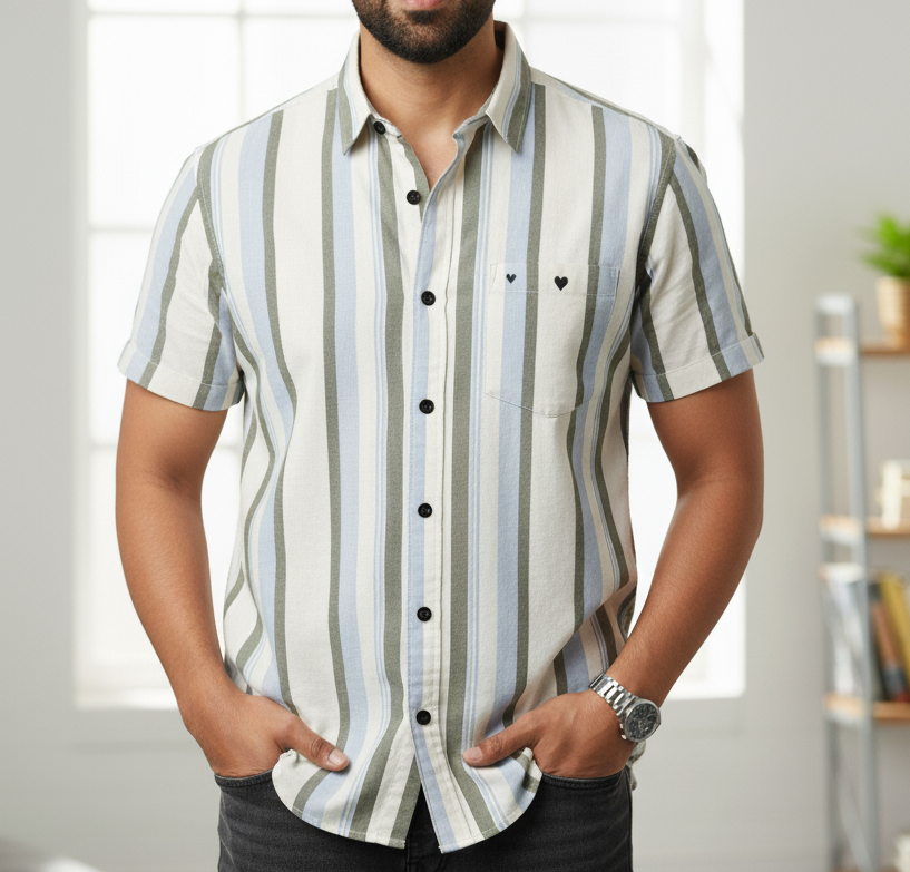 Men’s Striped Casual Short Sleeve Shirt – Green &amp; White