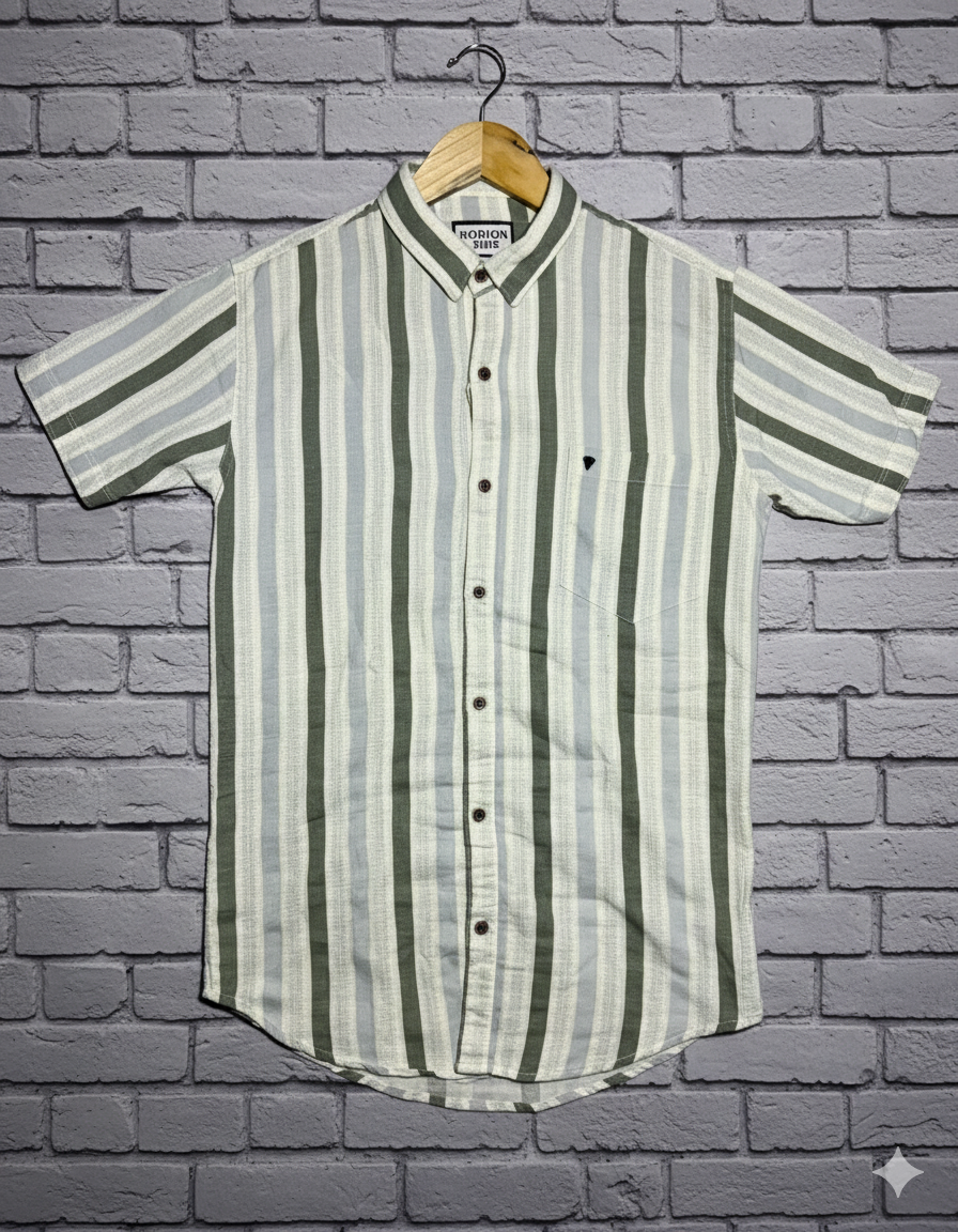 Men’s Striped Casual Short Sleeve Shirt – Green &amp; White