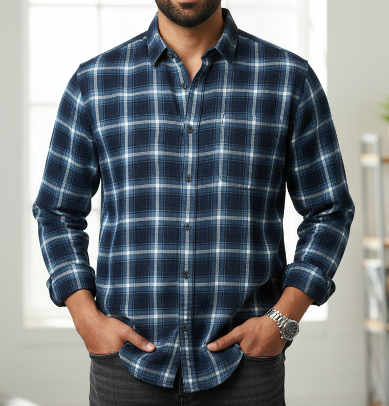 Ultra-Soft Navy &amp; Blue Check Flannel Shirt – The Perfect Layering Piece