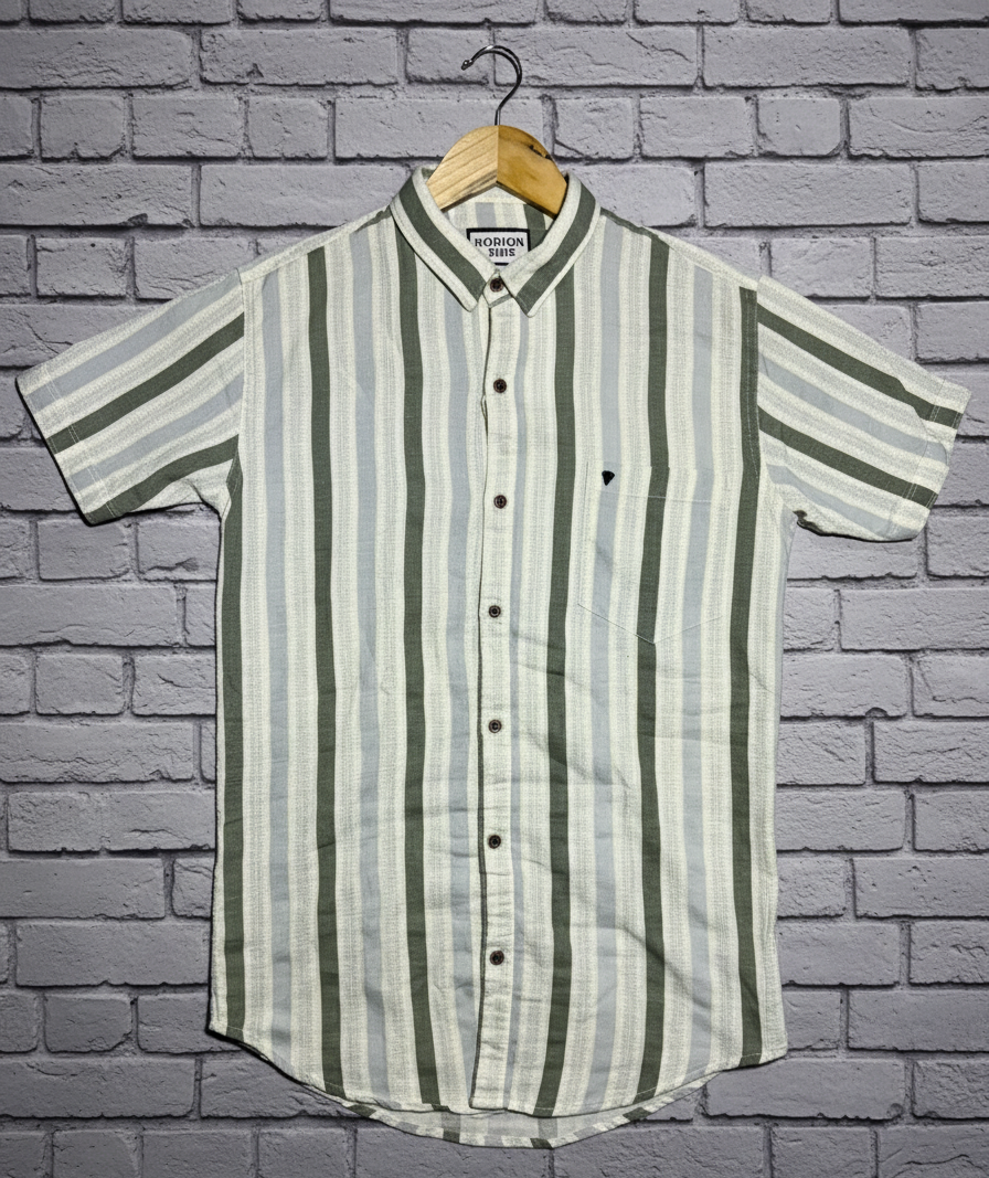 Men’s Striped Casual Short Sleeve Shirt – Green &amp; White